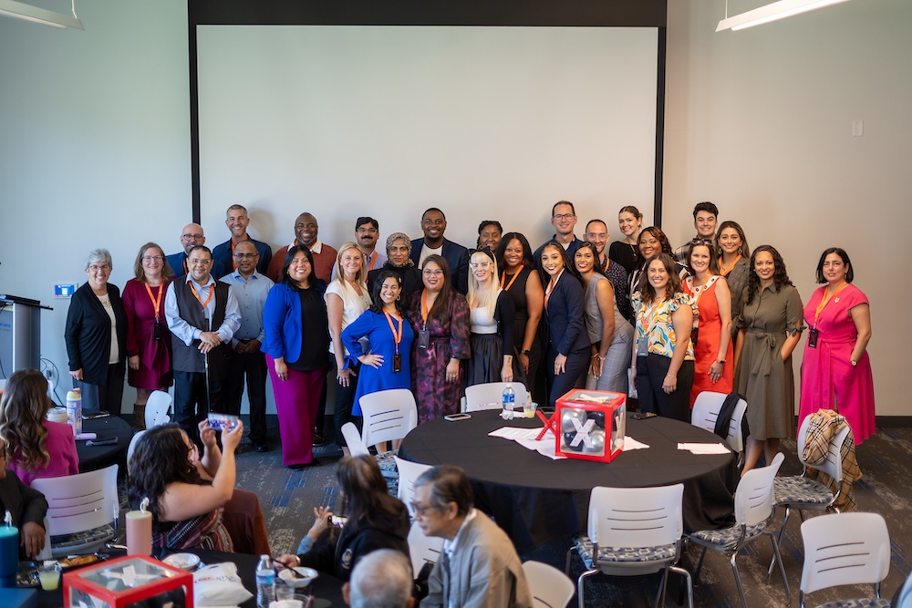 Speakers, coaches and leadership team members involved in the third annual TEDxSHSU event pose together in the Lowman Student Center. Two talks from the October event, delivered by SHSU faculty members Maria Botero and Benjamin Mitchell-Yellin, were featured as TED Editor's Picks. 