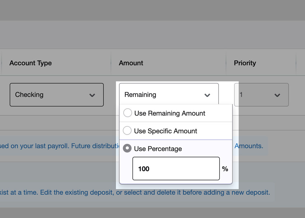 amount dropdown expanded. Options include Use Remaining Amount, Use Specific Amount, Use Percentage